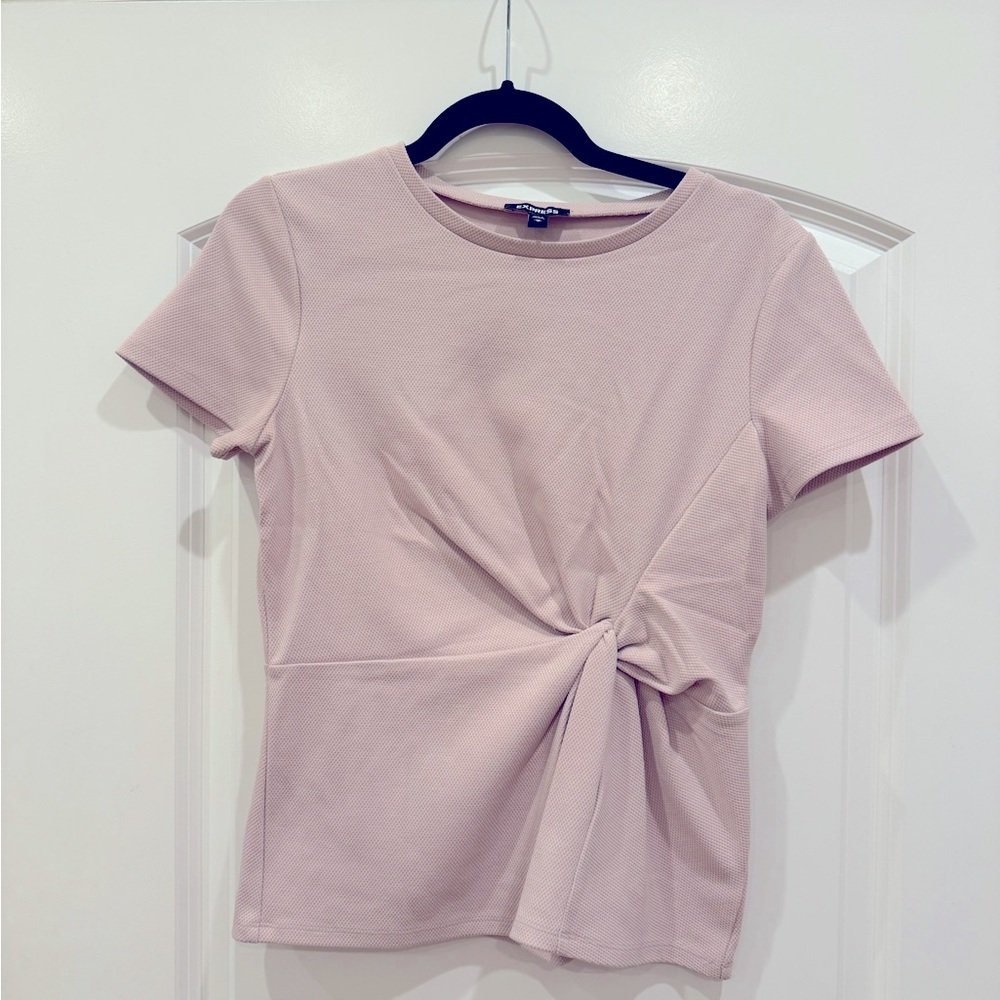 Express Pink Knot Front Short Sleeve Blouse, Size M